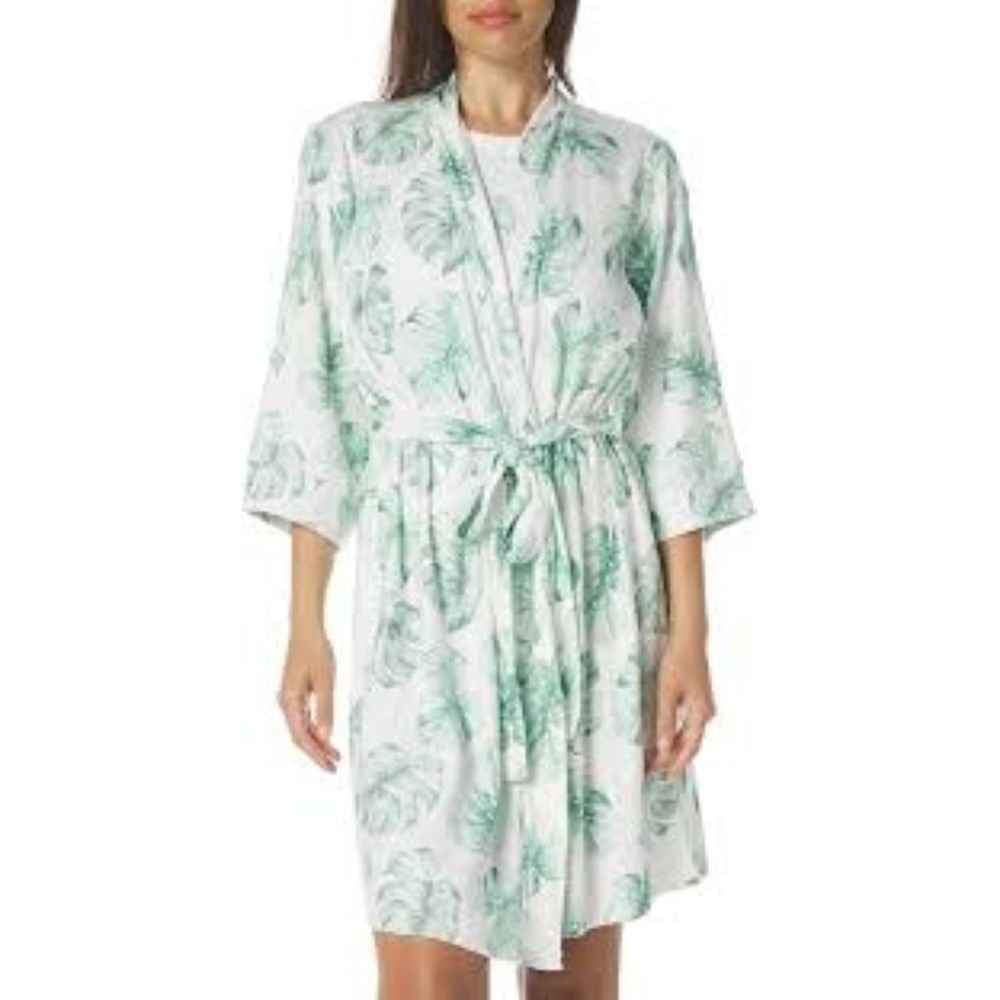 P.J. SALVAGE Sz M Robe White Green Leaf Print Stretch very soft cozy